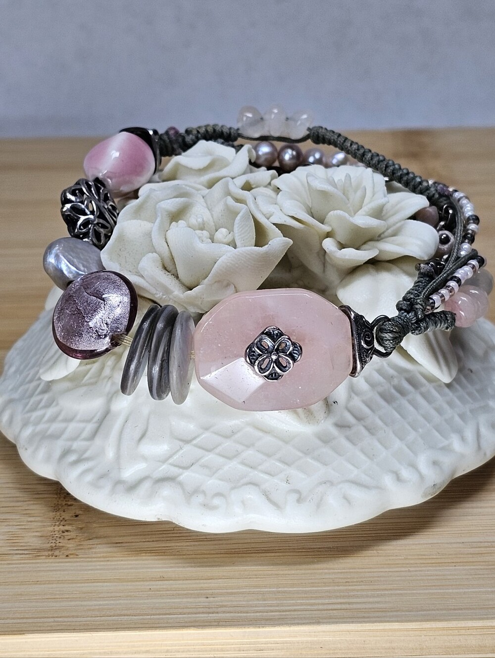 Silpada Pink Soapstone Reef 925 Silver Stretch Bracelet